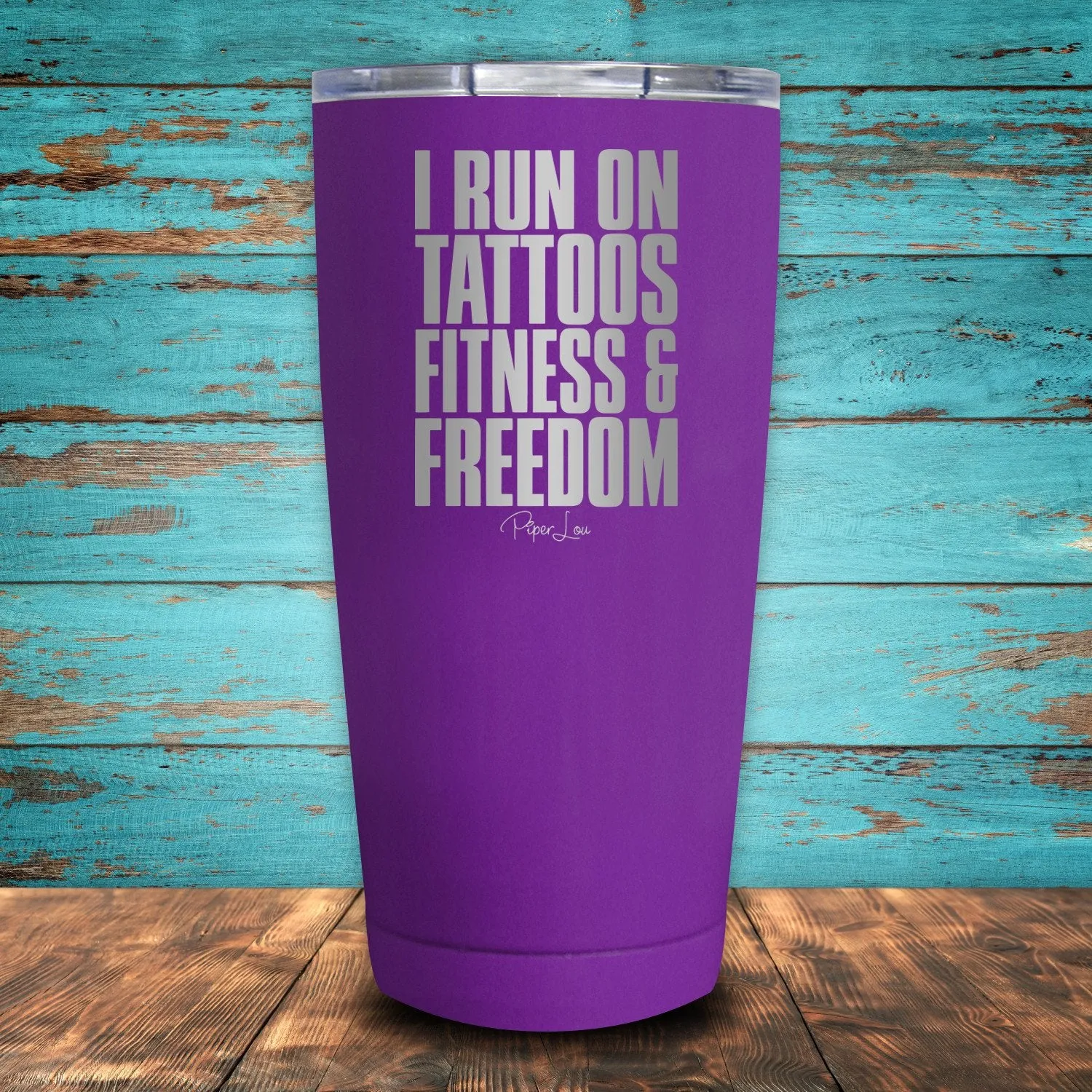 I Run On Tattoos Fitness & Freedom Coated Drinkware